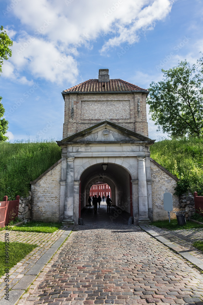 Gate and entrance in Kastellet. Copenhagen Citadel (Kastellet) dates from 1624, was founded by King Christian IV. Denmark. Kastellet is one of best preserved star fortresses in Northern Europe.