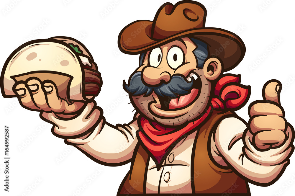 Mexican cowboy holding a taco. Vector clip art illustration with simple gradients. All in a single layer. Mexican cowboy holding a taco. Vector clip art illustration with simple gradients. All in a single layer.