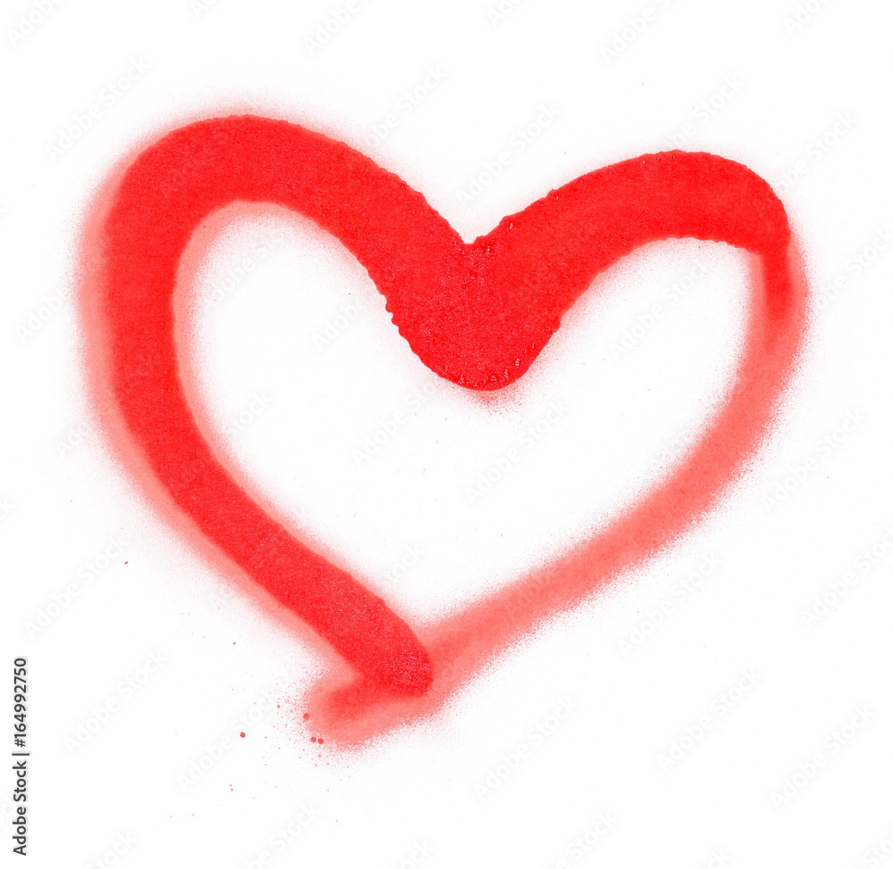 Red spray stain heart symbol isolated on white background, photo with clipping path