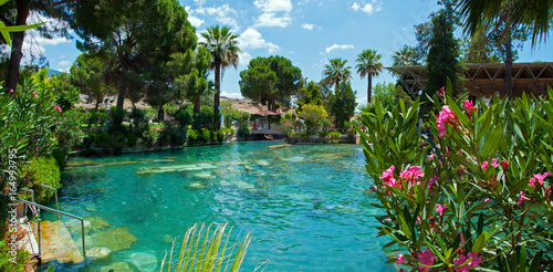 Panoramic view of the ancient thermal swimming pool Cleopatra in Pamukkale in Turkey