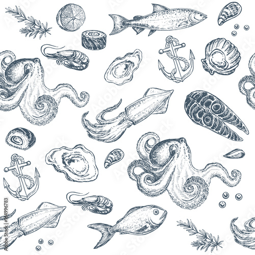 Seafood seamless pattern on a white background. Octopus, oysters, squid, shrimp, sushi, caviar and salmon