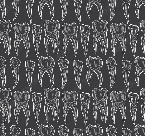 Stylized doodle, hand drawn outline of teeth. A seamless tooth pattern background. Decorative oral dental hygiene vector illustration