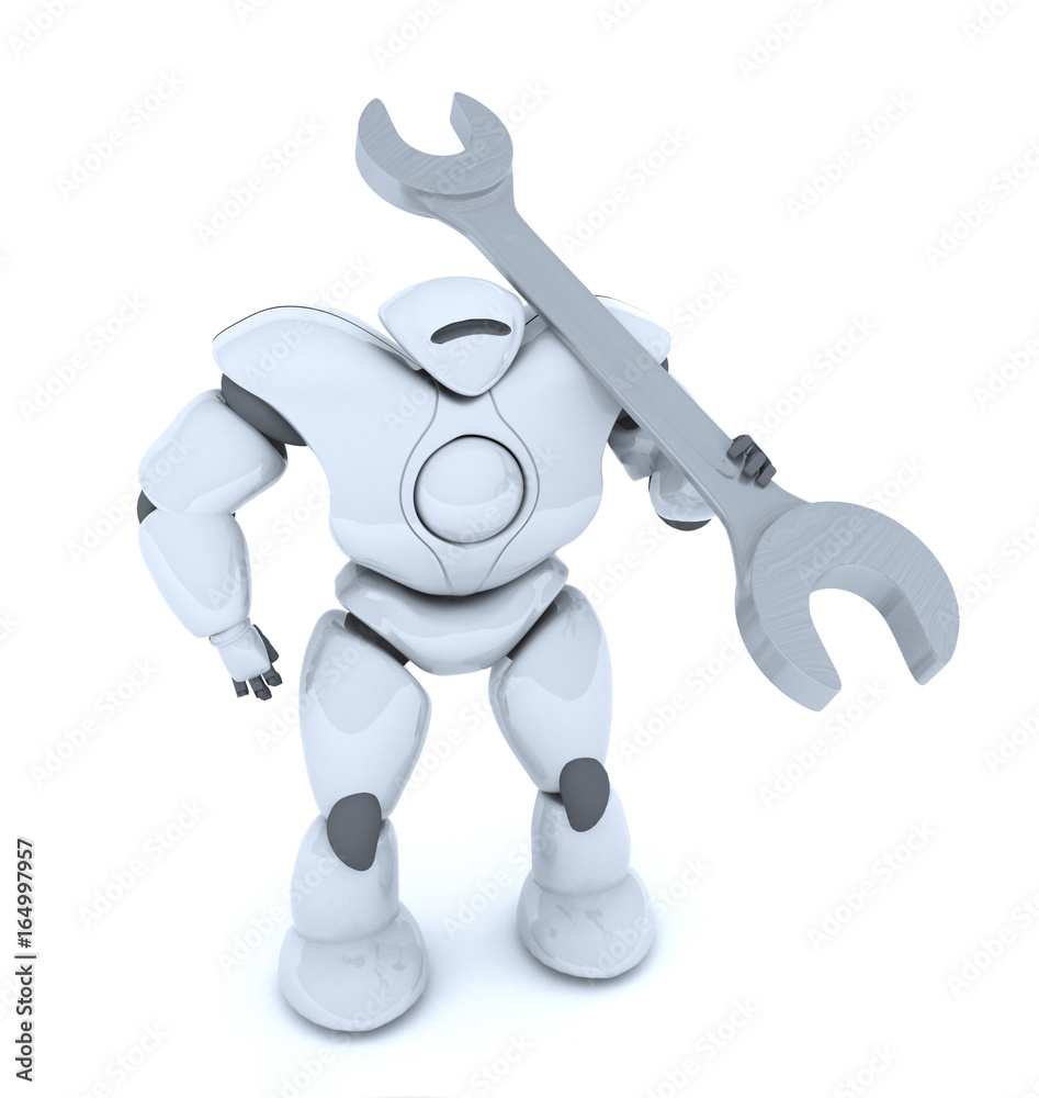 3D rendering of futuristic robot with a wrench in his hand 3D rendering of futuristic robot with a wrench in his hand