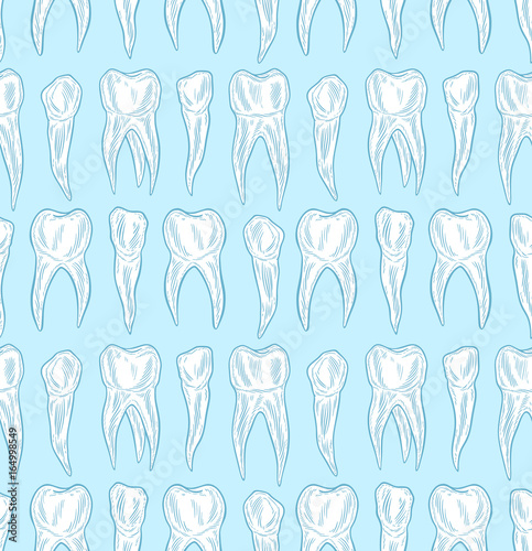 Stylized doodle  hand drawn outline of teeth. A seamless tooth pattern background. Decorative oral dental hygiene vector illustration