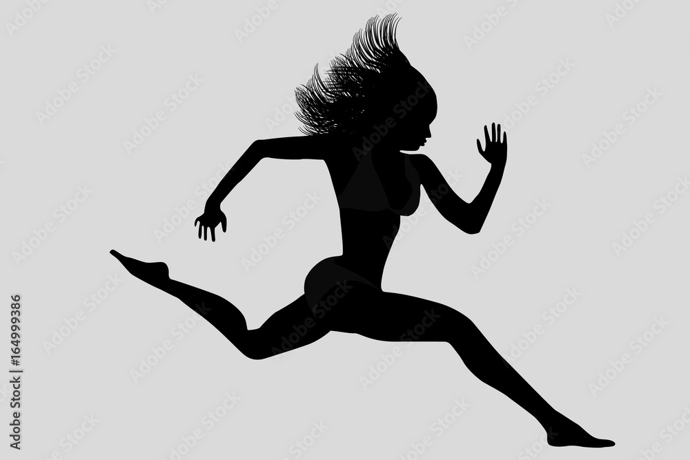 Running woman front view vector silhouette. Silhouette of a running girl.  Text and background on a separate layer, color can be changed in one click.  Stock Vector