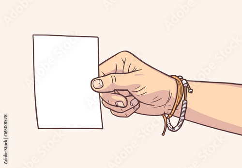 Illustration of hand holding blank piece of paper in vintage colors