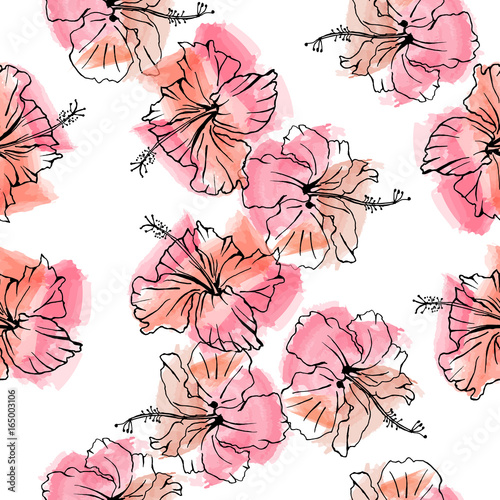 Hand drawn vector seamless pattern of hibiscus flowers. Sketch on watercolor background.