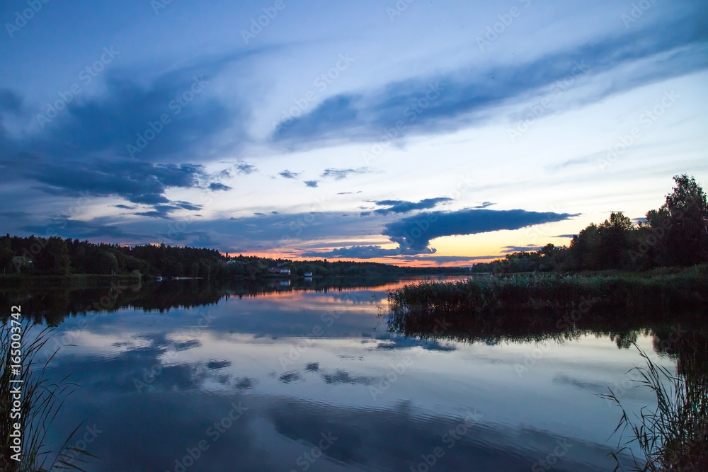 Sunset summer lake river sky reflection