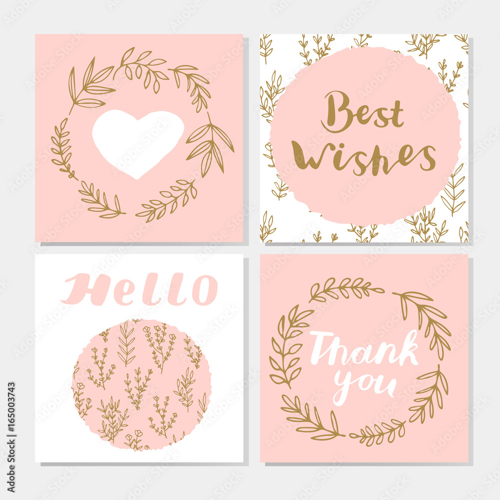 Set of cute postcards with hand lettering, laurel wreaths, branches, leaves, heart. Best wishes. Thank you. Hello. Vector illustration. Set of cute postcards with hand lettering, laurel wreaths, branches, leaves, heart. Best wishes. Thank you. Hello. Vector illustration.