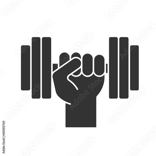 Hand holding gym barbell glyph icon