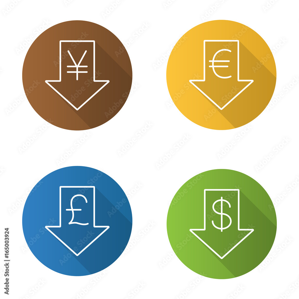 Currencies rate falling. Flat linear long shadow icons set Currencies rate falling. Flat linear long shadow icons set