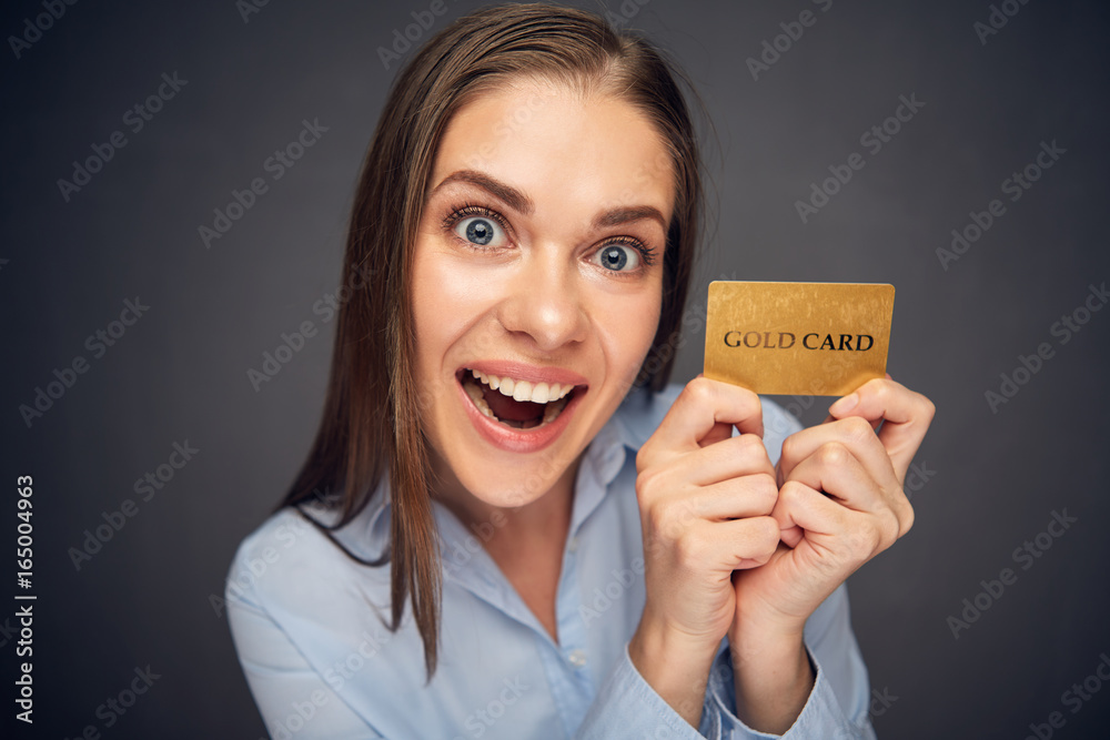 Surprised woman with open mouth holding credit card. Surprised woman with open mouth holding credit card.