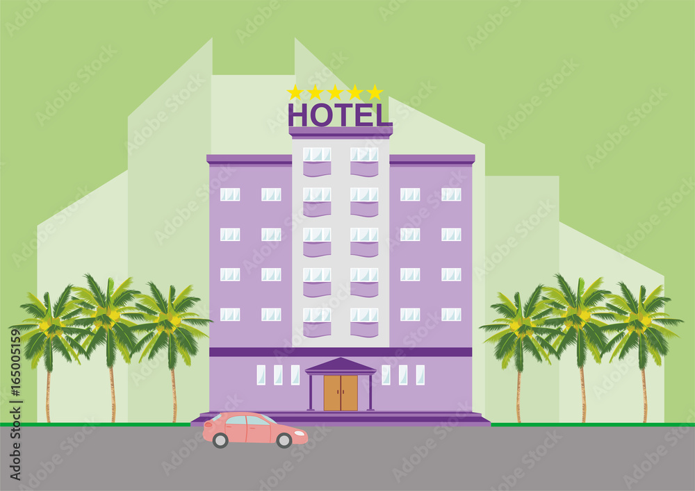 Colorful five-star hotel icon, sign, symbol building with palm trees on cityscape green background. Bright purple, violet, lilac color, beautiful colorful architecture. Vector illustration AI10.