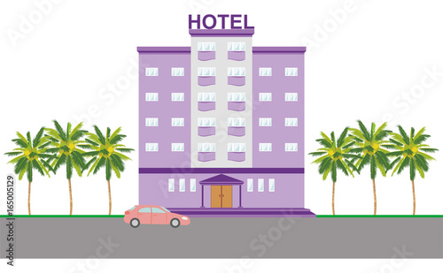 Colorful hotel icon, sign, symbol building with palm trees. Bright purple, violet, lilac color, beautiful colorful architecture. Vector illustration AI10.