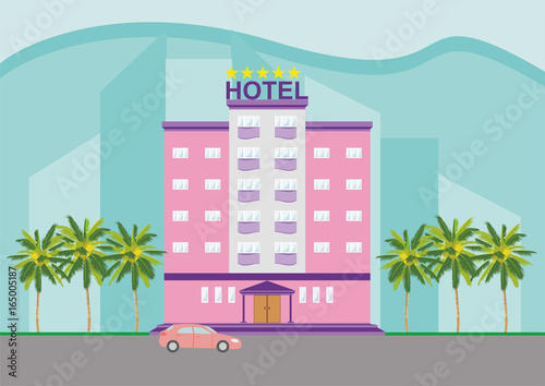 Colorful five-star hotel icon, sign, symbol building with palm trees on cityscape blue background. Bright pink, purple color, beautiful colorful architecture. Vector illustration AI10.