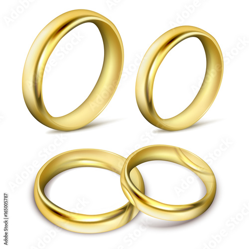 Set of realistic vector illustrations of gold wedding rings with shadow isolated on white. Print, template, design element