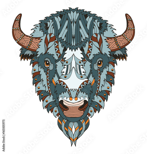 American buffalo head zentangle stylized, vector, illustration, freehand pencil, hand drawn, pattern. Zen art. Ornate vector. Lace. Coloring.