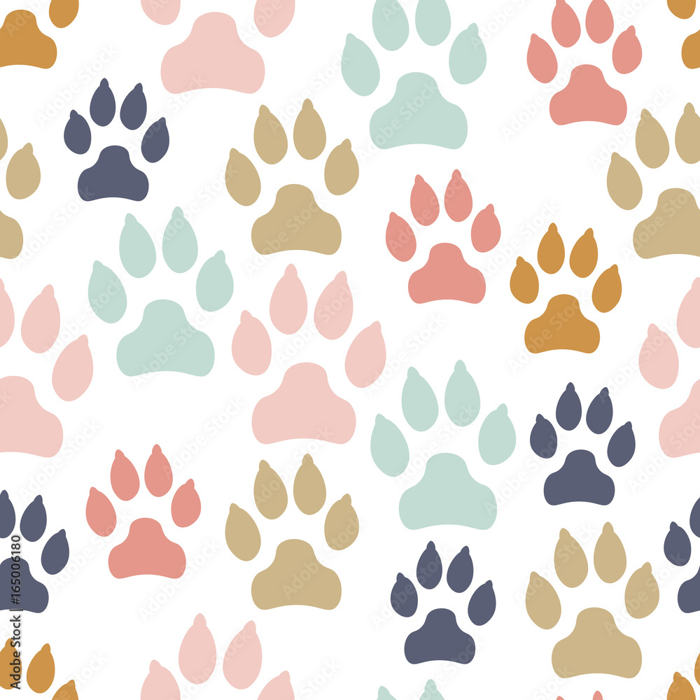 Fototapeta premium Colorful messy dog track seamless pattern isolated on white background. Canine footprints. Vector illustration.
