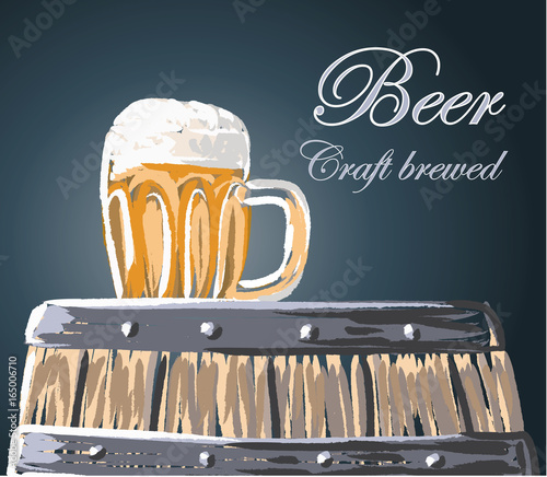 Beer glass on barrel with text craft brewed, vector illustration. Print for posters.