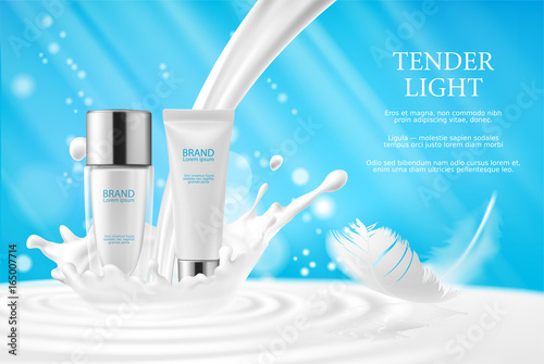 Vector 3D illustration, cream, lotion, cosmetic milk for face and hands in glass bottle and a white tube on a soft blue background with a milk splash and a white feather. Promotion of premium product