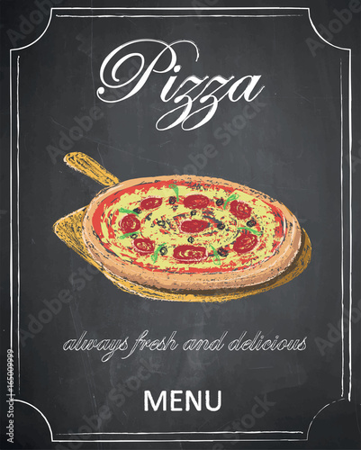 Pizza menu on chalkboard background, vector, illustration, freehand.