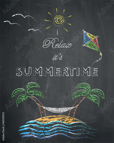 Relax it's summertime - palm trees, beach, kite, swing net, sun and sea on chalkboard background.