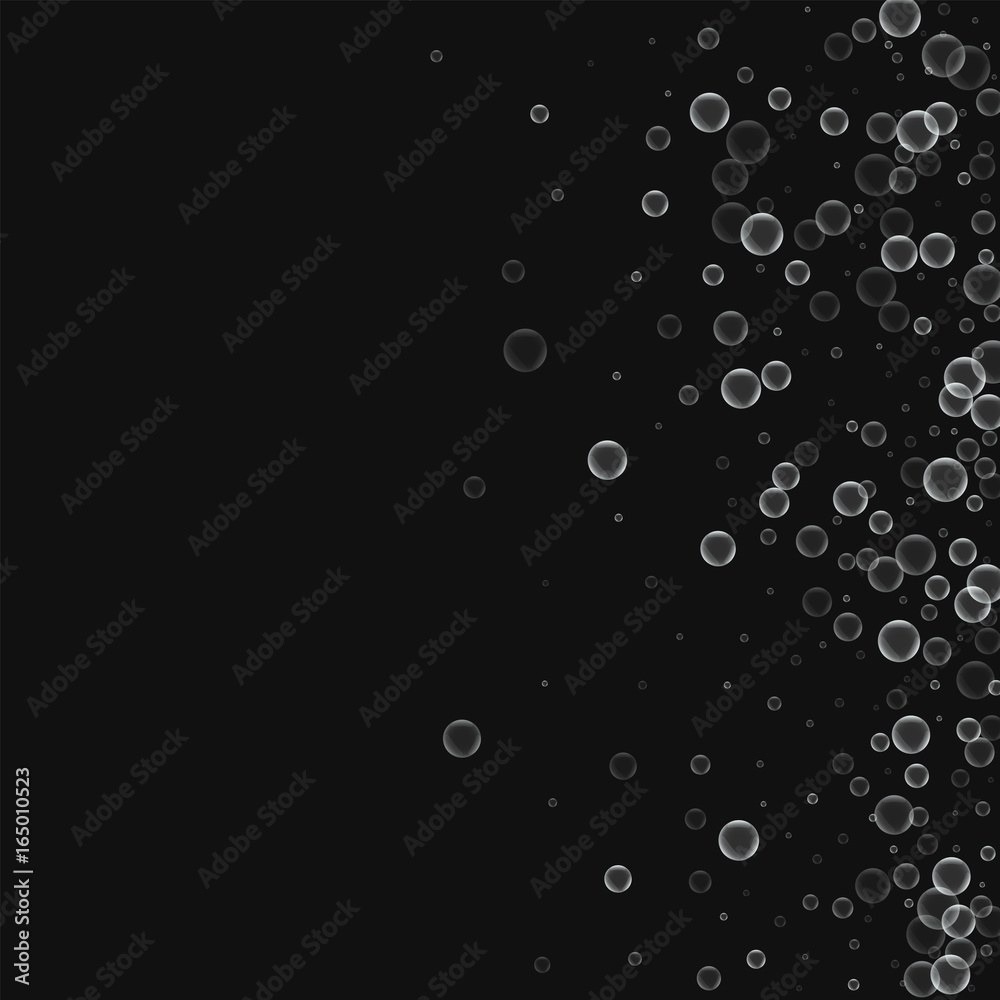 Soap bubbles. Scatter right gradient with soap bubbles on black background. Vector illustration.