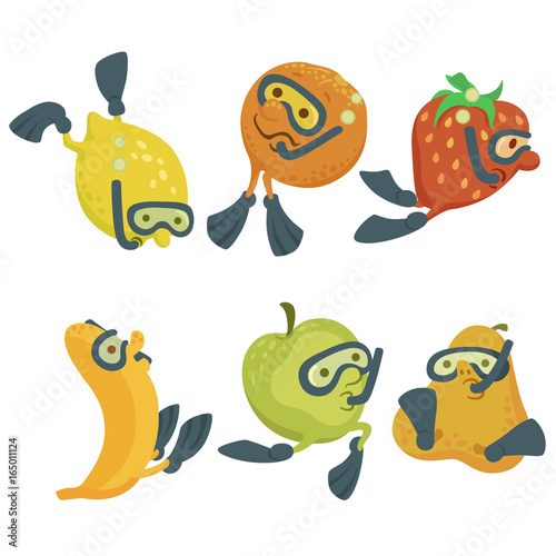 Fruit divers cartoon concept / Lemon, orange, strawberry, banana, apple and per are like divers