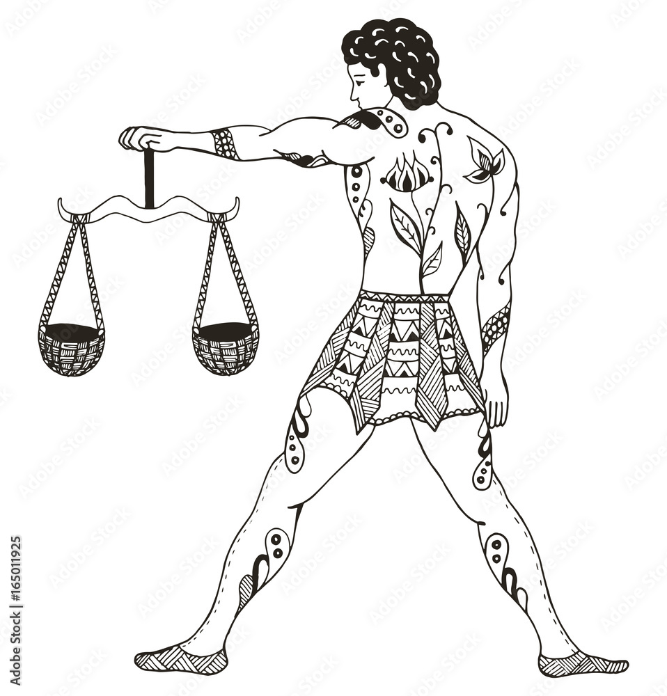 Vetor de Zodiac sign Libra. Young man holding scales.Vector