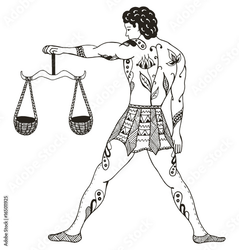 Zodiac sign - Libra. Young man holding scales.Vector illustration. Zentangle stylized. Horoscope. Pattern. Hand drawn. Freehand pencil.