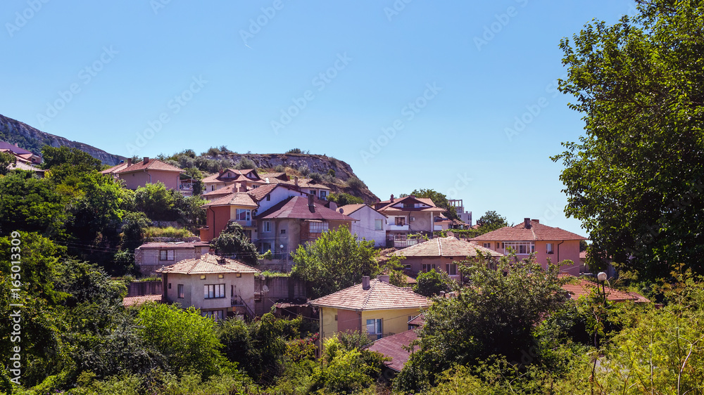 Cityscape of balchik town, houses on the hill, black sea coast in Bulgaria