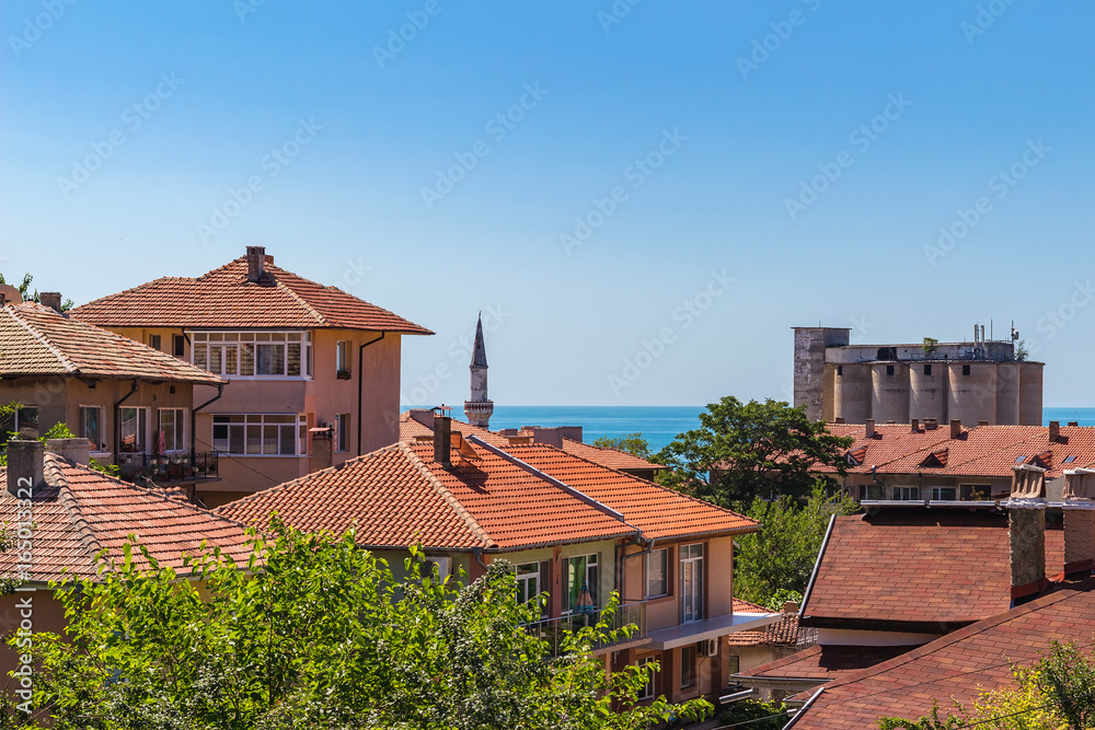Cityscape of balchik town, houses on black sea coast in Bulgaria