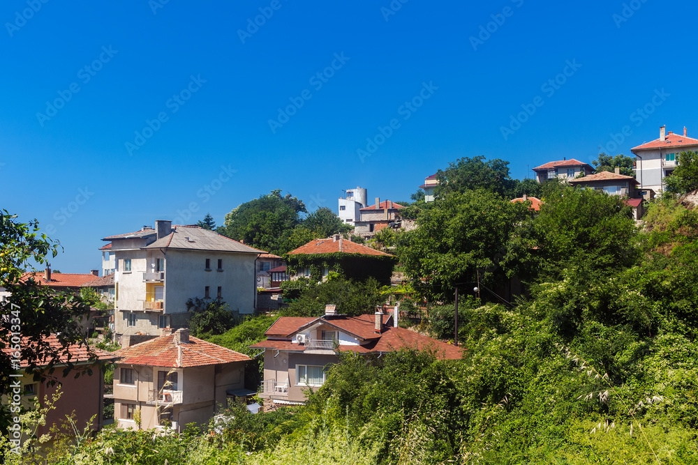 Cityscape of balchik town, houses on the hill, black sea coast in Bulgaria