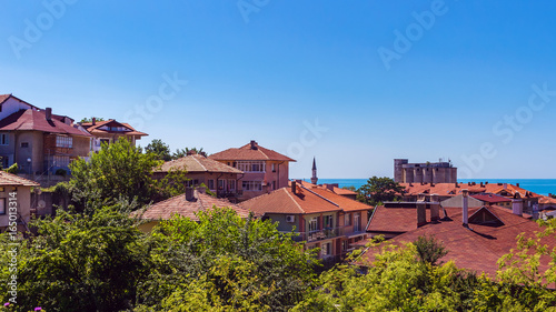 Cityscape of balchik town, houses on the hill, black sea coast in Bulgaria photo