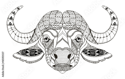 African buffalo head zentangle stylized, vector, illustration, freehand pencil, hand drawn, pattern. Anti stress coloring book for adults and kids. photo