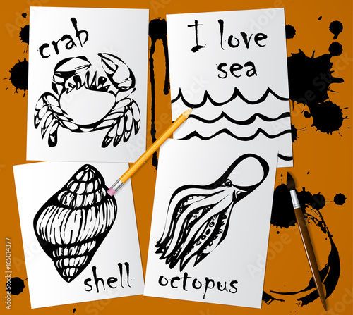Graphic drawings of marine animals made with black mascara on white paper. Pencil, brush and blots of ink on the table. Drawing and creativity on the sea theme. Vector illustrations.