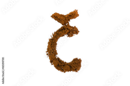 Written letters with homemade coffee on a white background
