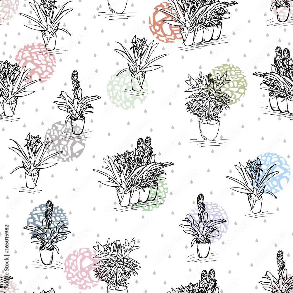 Seamless pattern in drawn flowers in pots. Colorful vector - obrazy, fototapety, plakaty 