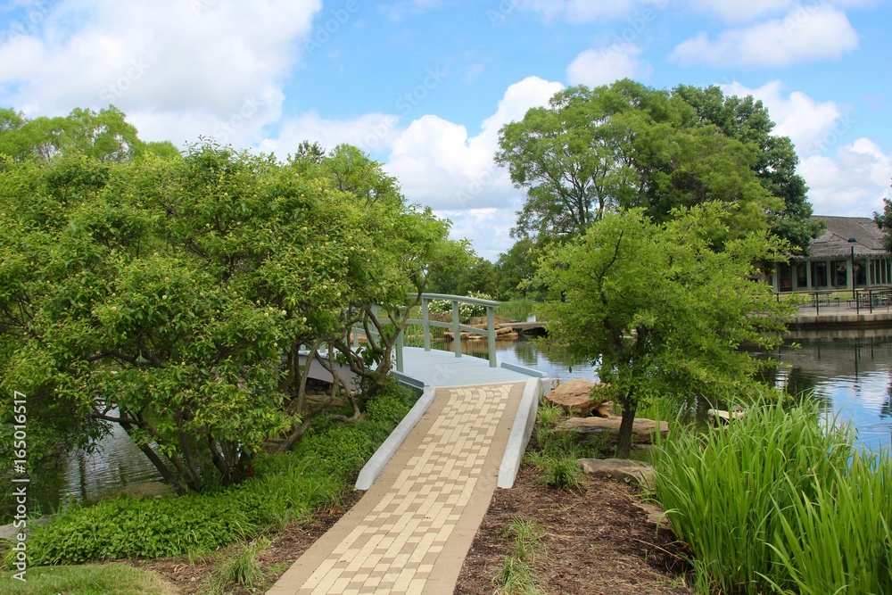 The walkway up to the bridge over the pond. 