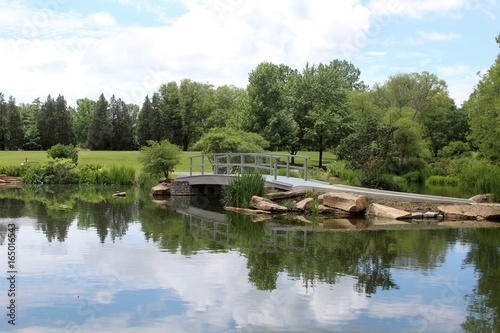 The bridge over the pond in the park.