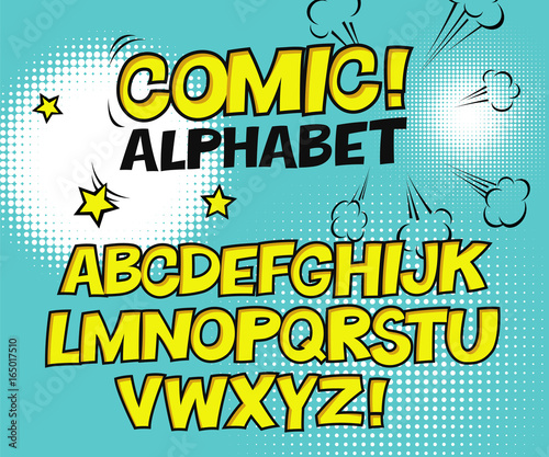 Comic retro yellow alphabet. Halftone background and decorative elements. Letters for kids' illustrations, websites, comics, banners.