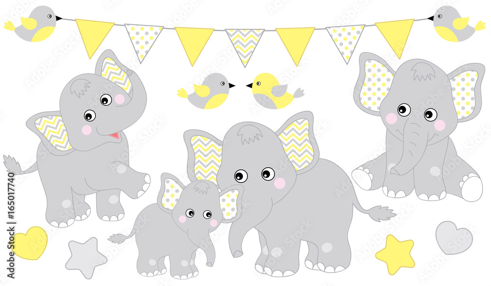 Naklejka premium Cute Elephants Set. Vector Elephant Illustration for Baby Shower. Vector Baby Elephant. 