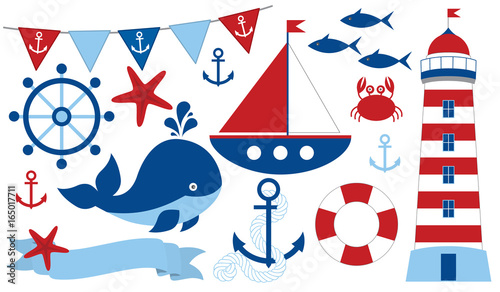 Vector Nautical Set. Marine Life Vector Illustration. 