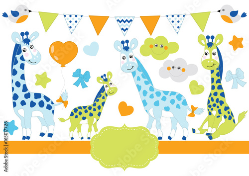 Vector Set for Baby Boy Shower. Baby Giraffe Vector Illustration. 