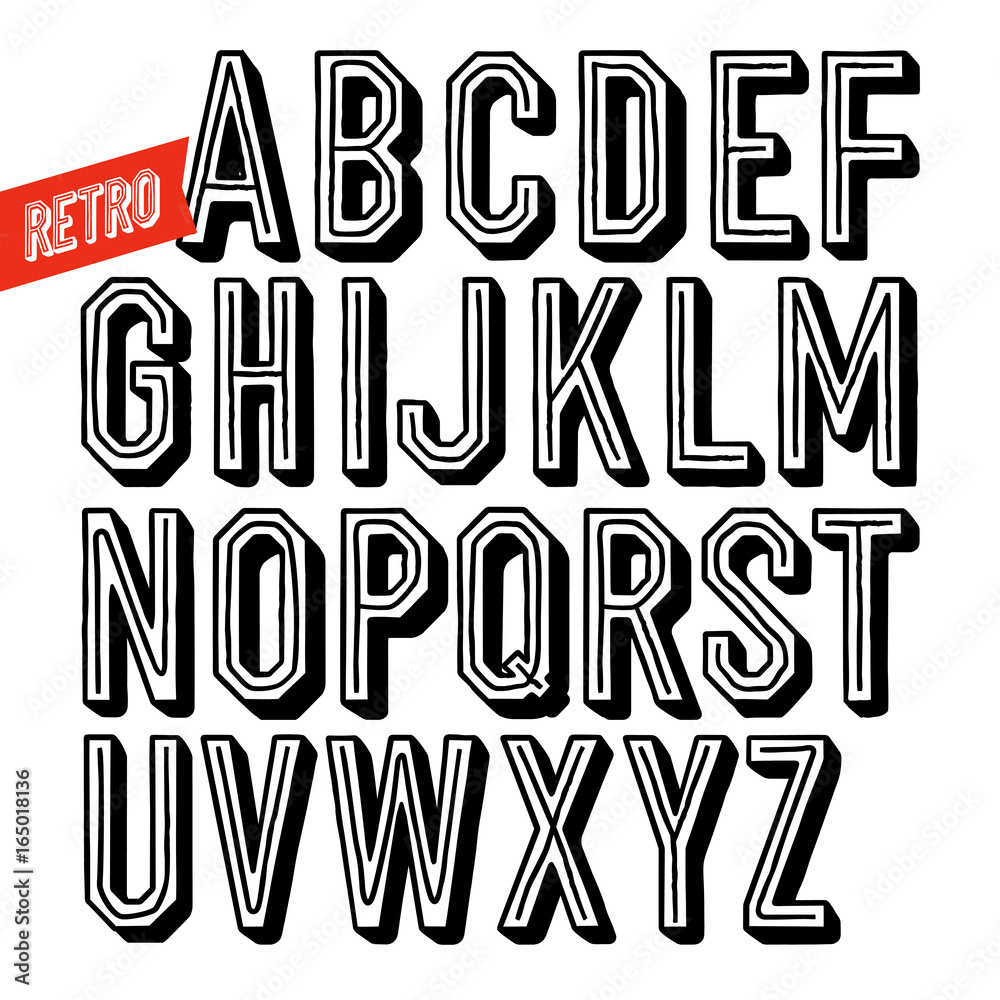 Handmade retro font. Black letters on white background. Sans serif type. Decorative vector alphabet