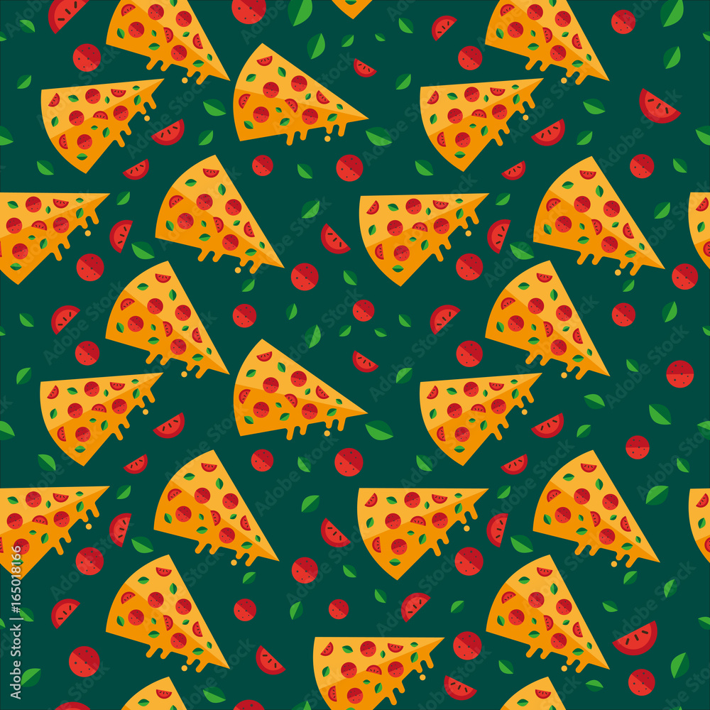 Pizza slices wallpaper pattern with vegetables. Vector. Pizza slices wallpaper pattern with vegetables. Vector.