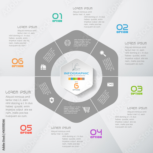Vector infographic of hexagonal form and ring cut from paper with shadows, text, color numbers and icons on the gradient gray background composed of segments.