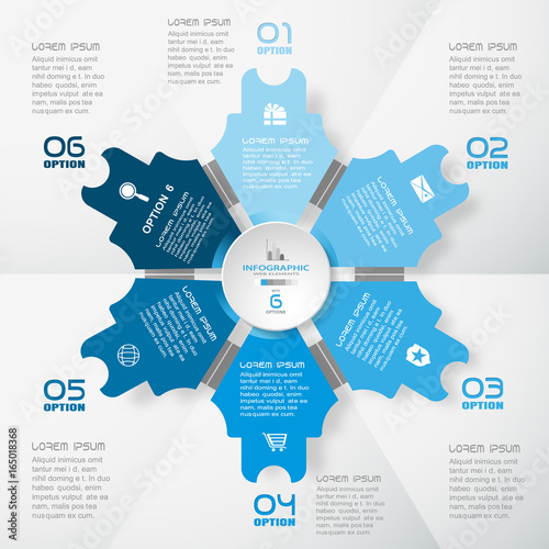 Vector infographic blue web element of arrows and circle cut from paper with text, numbers and icons on the gradient gray background composed of segments.