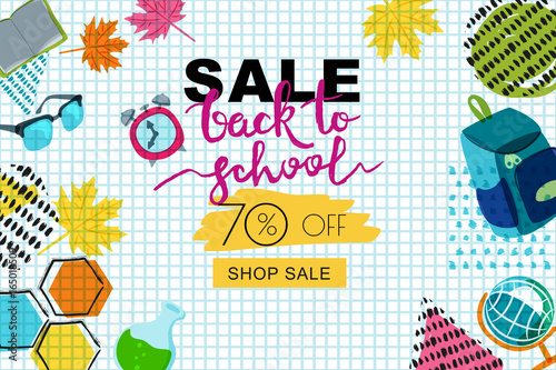 Vector back to school sale banner, poster background. Hand drawn calligraphy lettering and doodle school supplies on notebook sheet of paper. Layout for discount labels, flyers and shopping.
