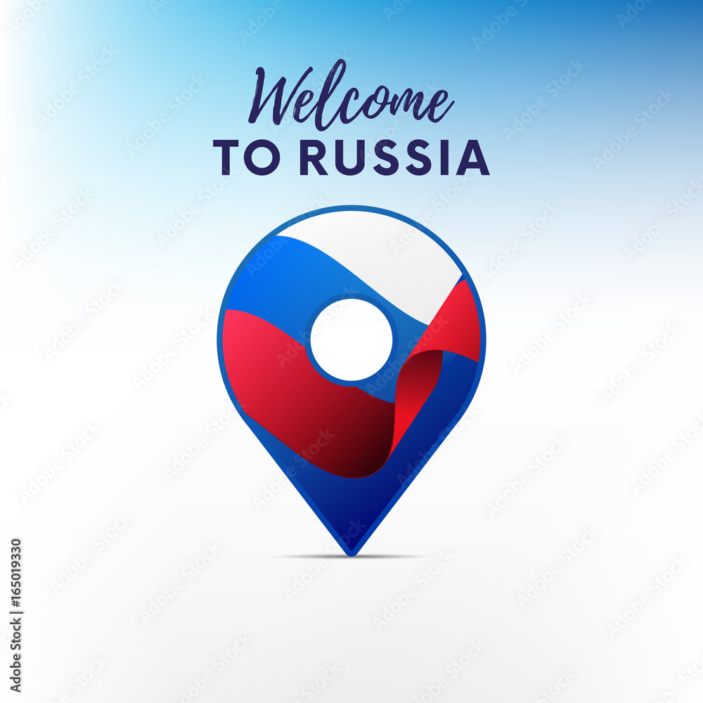 Flag of Russia in shape of map pointer or marker. Welcome to Russia. Vector illustration. Flag of Russia in shape of map pointer or marker. Welcome to Russia. Vector illustration.
